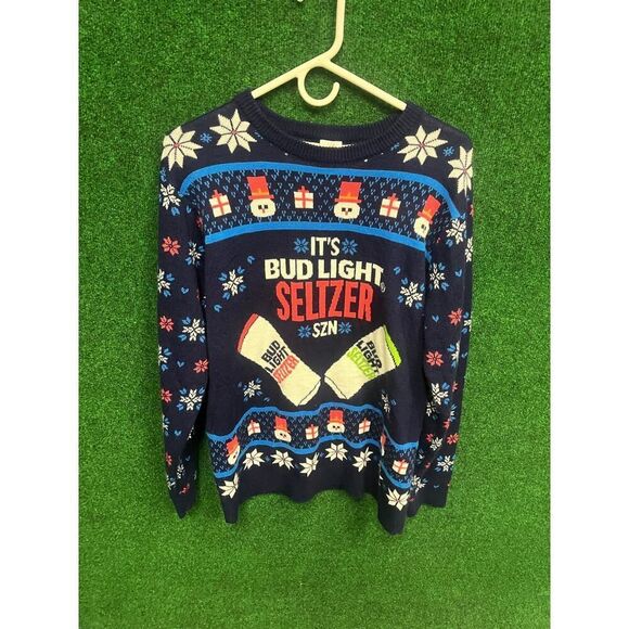 Bud Light Seltzer SZN Men’s Ugly Sweater Christmas Holiday Pullover Beer Blue L - Picture 1 of 6
